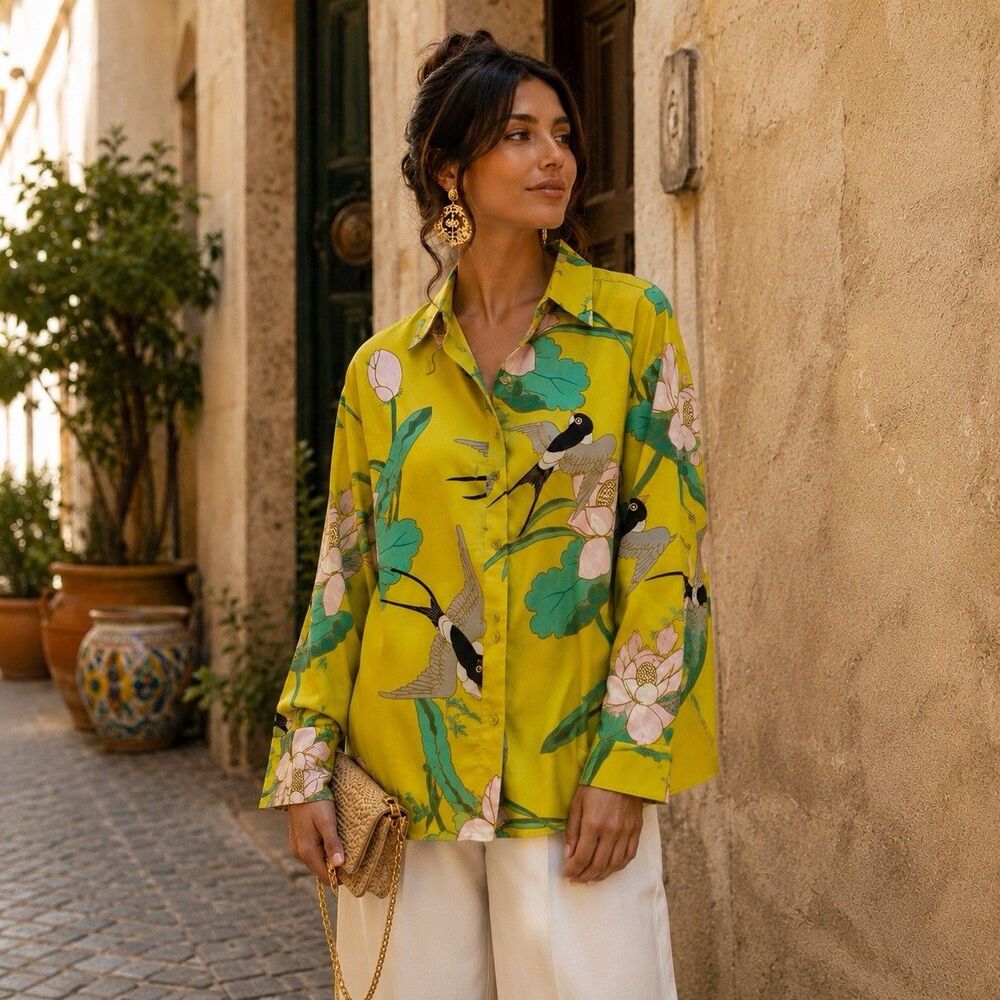 Psophia Vazquez de Castro bird lotus Tropical Print Shirt Yellow M